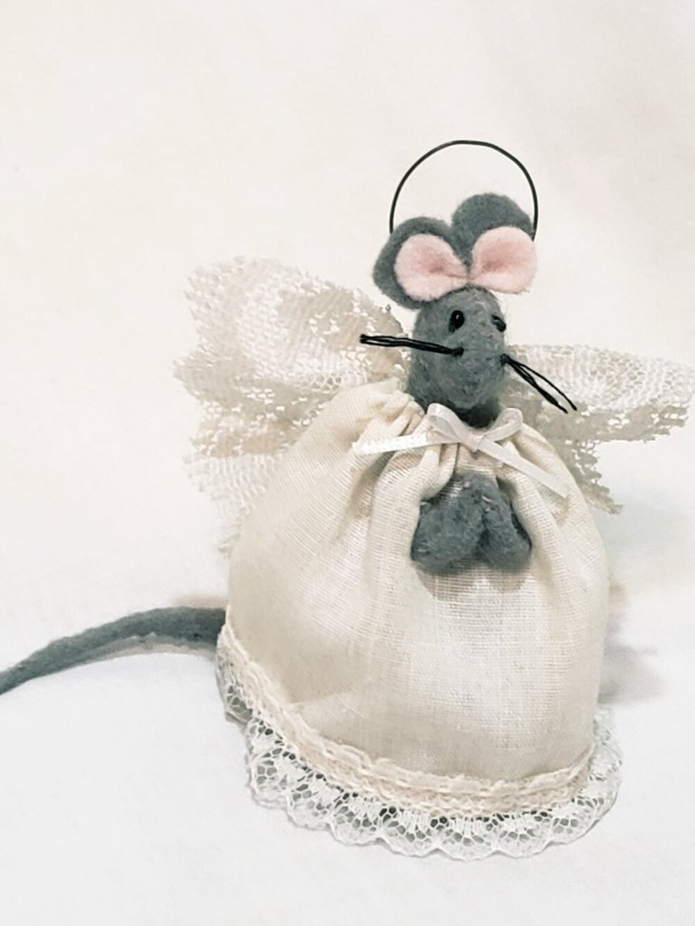 Felt Gray Mouse Angel Handmade Christmas Ornament 3.5" Vintage